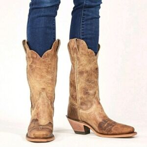 Justin Bent Rail Wildwood Cowboy Boots Brown Distressed Leather Square Toe 6.5 B